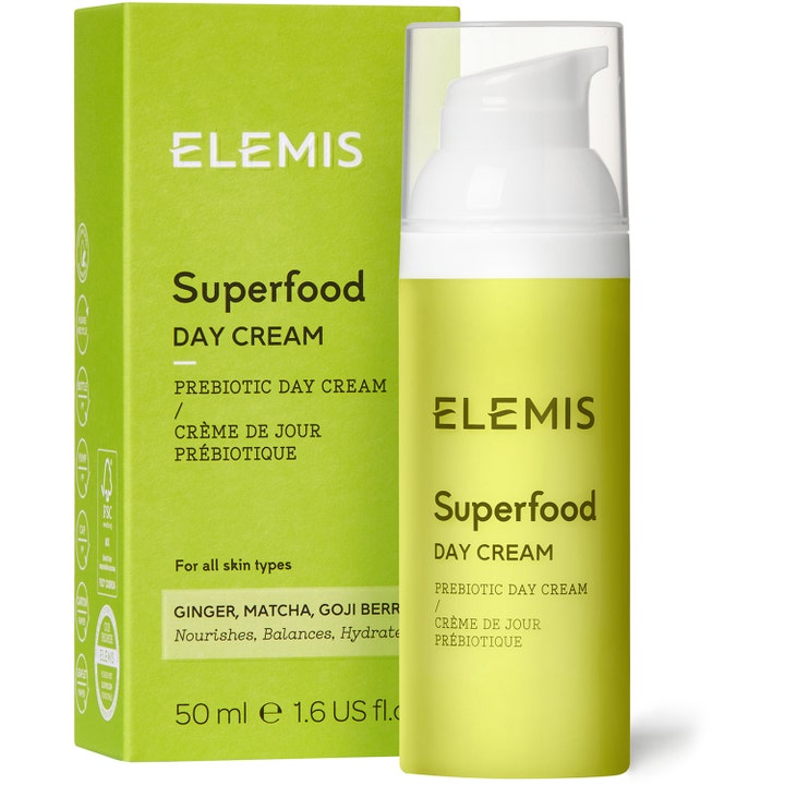 Elemis Superfood Day Cream 50 ml fuktighetskrem i lysegrønn pumpeflaske og eske med prebiotika