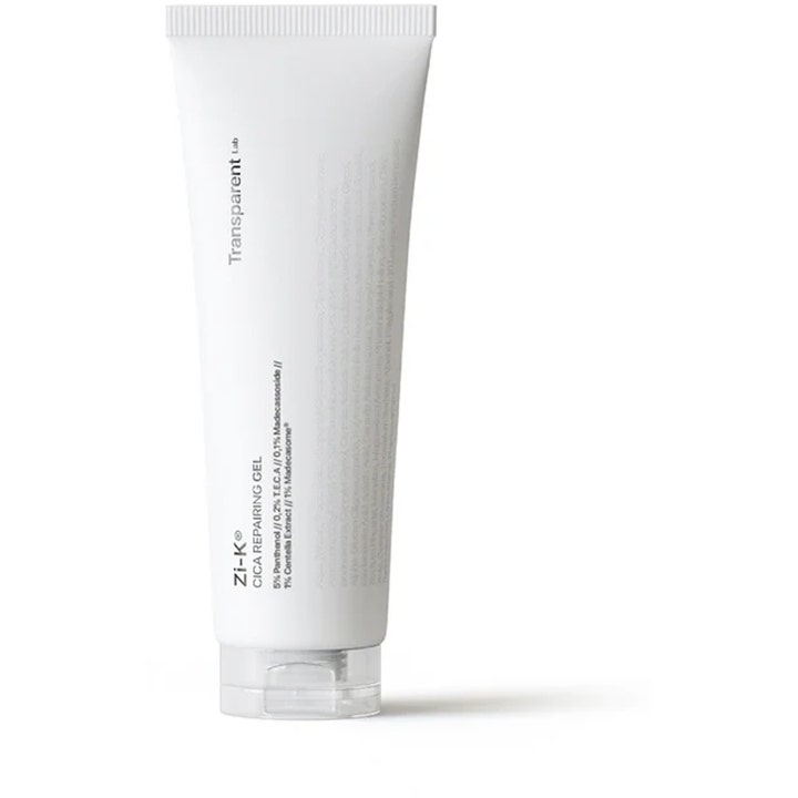 Transparent Lab Zi-K Cica Repairing Gel 30 ml beroligende gel med cica i hvit tube med gjennomsiktig kork.