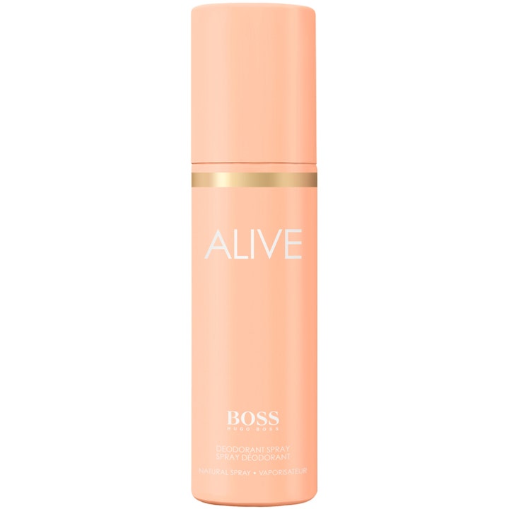 Hugo Boss Alive 100 ml deospray som gir friskhet i en ferskenfarget beholder med gulldetalj