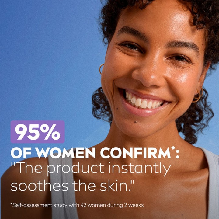 NIVEA Soothing Day Cream 50 ml beroligende dagkrem vist med smilende kvinne og tekst om 95 % bekreftet effekt