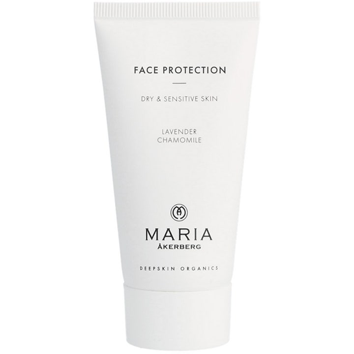 Maria Åkerberg Face Protection beskyttende ansiktskrem for tørr hud i hvit tube med lavendel og kamille.
