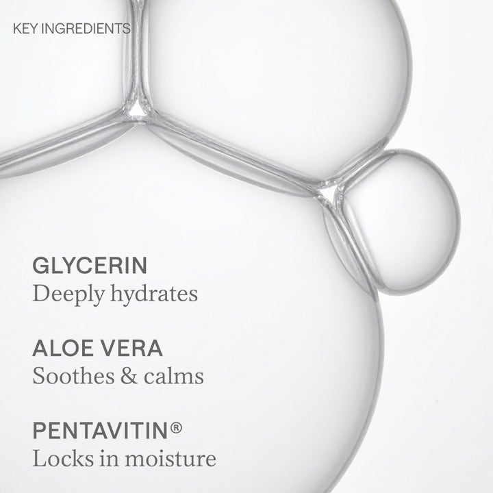 Jorgobé Glycerin Hydra Cleanser 200 ml fuktighetsgivende ansiktsrens viser glycerin og aloe vera over klare gelbobler.