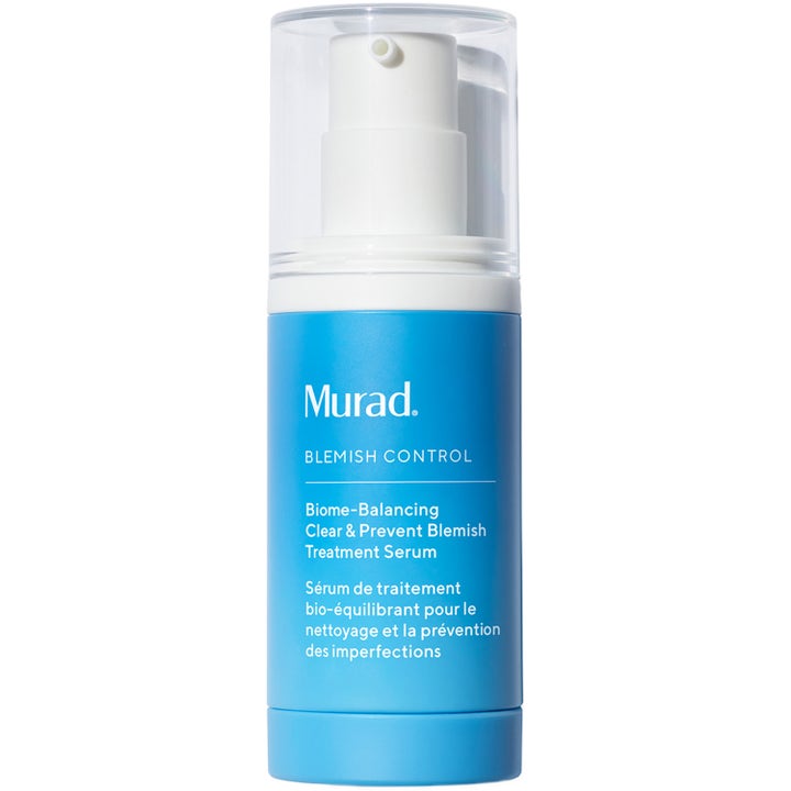 Murad Blemish Control Biome-Balancing Serum 50ml mot urenheter i blå sylindrisk flaske med hvit pumpe.