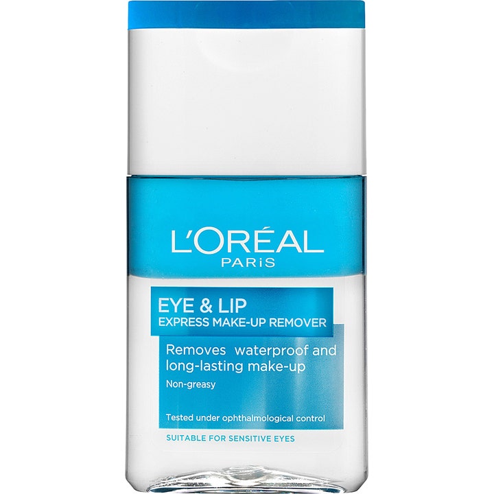 L'Oréal Paris Eye & Lip Express Make-up Remover fjerner vannfast sminke med to-faset blå og klar væske i plastflaske.