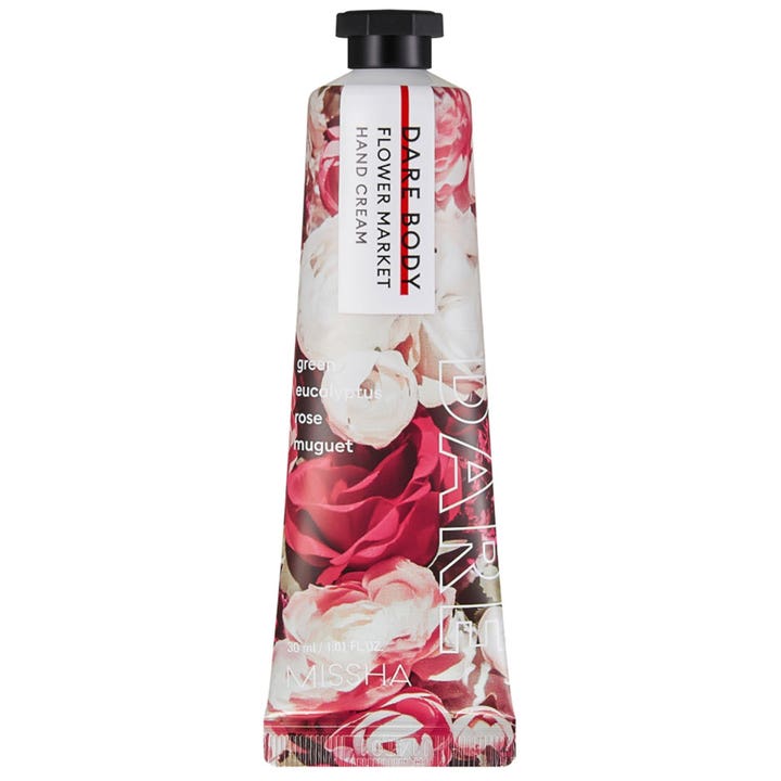 Dare Body Flower Market Hand Cream 30 ml fuktighetsgivende håndkrem i tube med rosa og hvite roser og svart kork