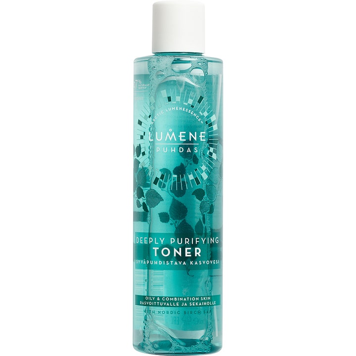 Lumene Puhdas Deeply Purifying Toner 200 ml dyprensende ansiktsvann i en klar turkis plastflaske med hvitt skrulokk.