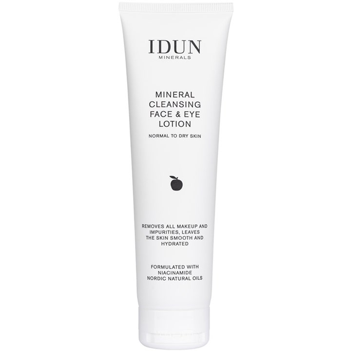 IDUN Minerals Mineral Cleansing Face & Eye Lotion 150ml fuktighetsgivende rens i hvit tube med niacinamid.