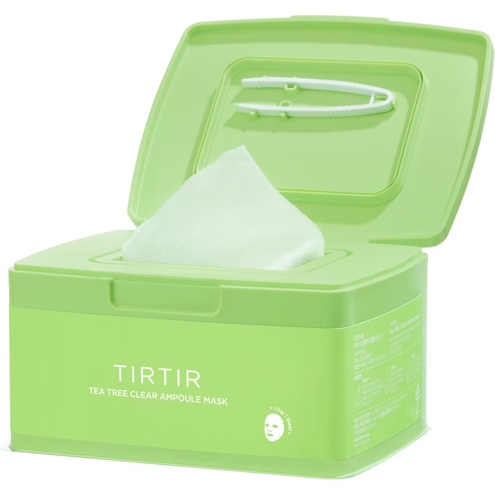 TIRTIR Tea Tree Clear Ampoule Mask 30 stk beroligende ansiktsmasker i lysegrønn boks med hvit pinsett i lokket