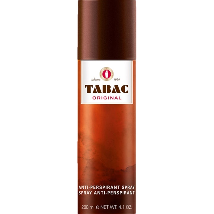 Tabac Original Anti-Perspirant Spray 200 ml beskytter mot svette i en brun marmorert sprayflaske med hvit etikett.