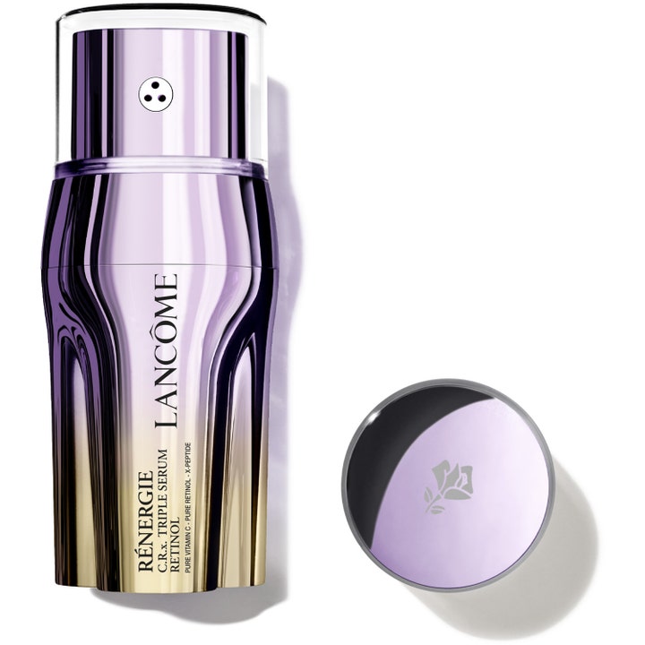 Lancôme Rénergie H.C.F. Triple Serum Retinol anti-aldrende serum i lilla og gullfarget flaske med trippel pumpe.