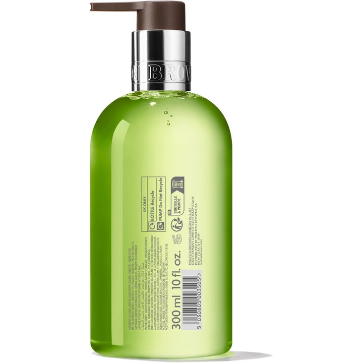 Molton Brown Lime & Patchouli Fine Liquid Hand Wash 300 ml håndsåpe som renser i klar flaske med grønn gelé og sølvpumpe.