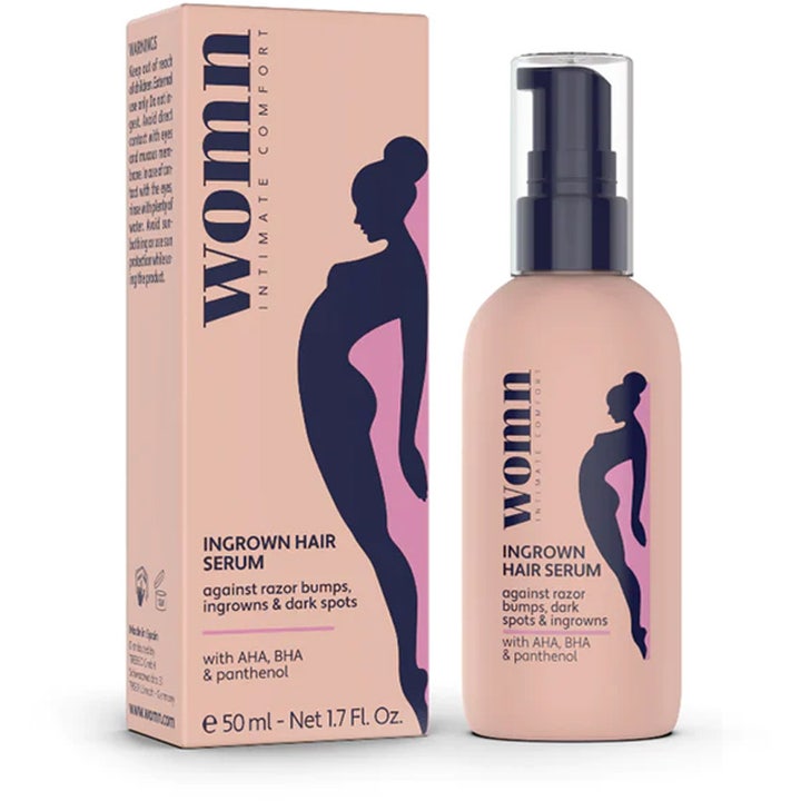 Womm Ingrown Hair Serum 50 ml motvirker inngrodde hår og nupper i en ferskenfarget pumpeflaske og eske med silhuett