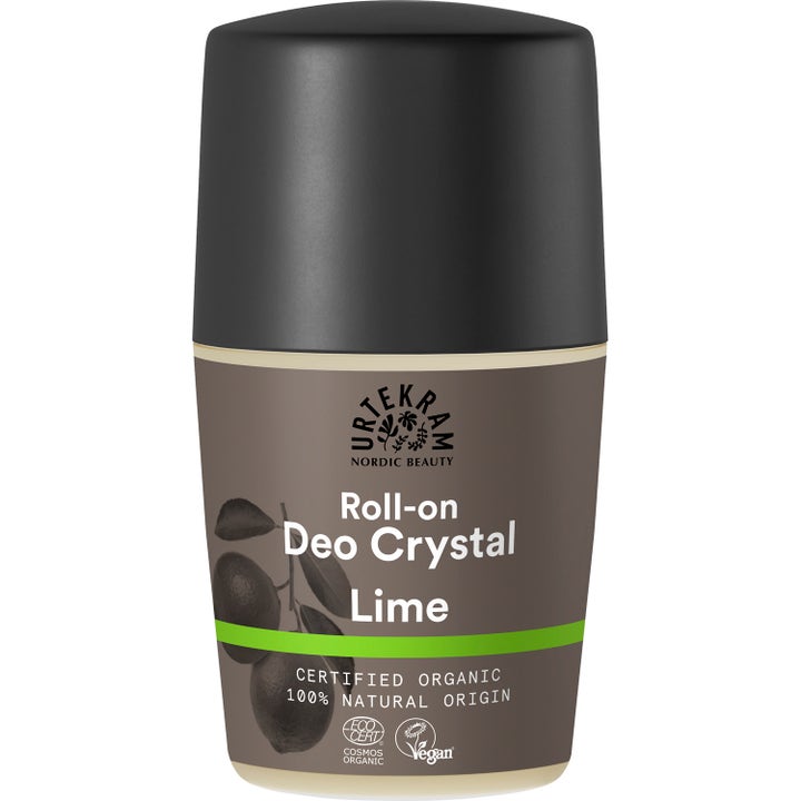 Urtekram Roll-on Deo Crystal Lime 50ml gir naturlig friskhet i en brun beholder med matt sort lokk.