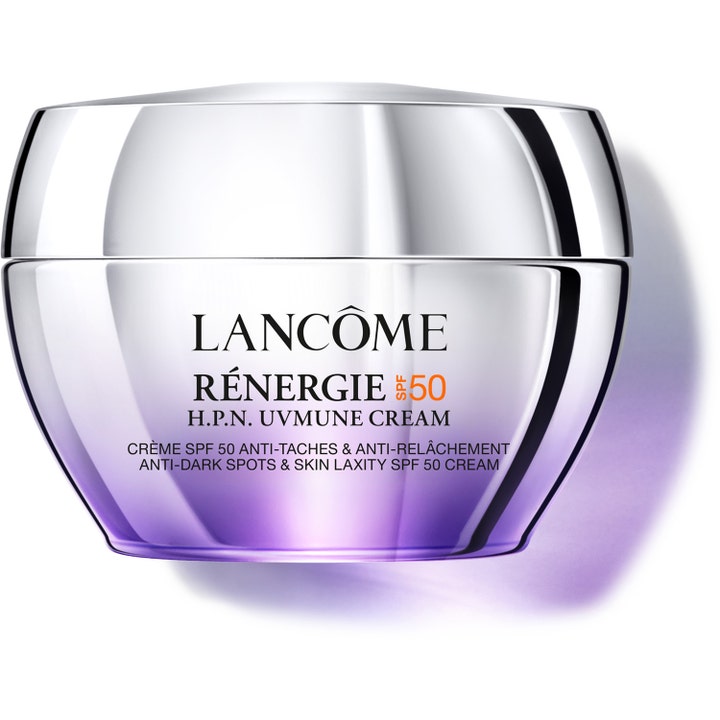 Lancôme Rénergie H.P.N. Uvmune Cream 50ml ansiktskrem med SPF 50 i en sølvfarget krukke med lilla bunn