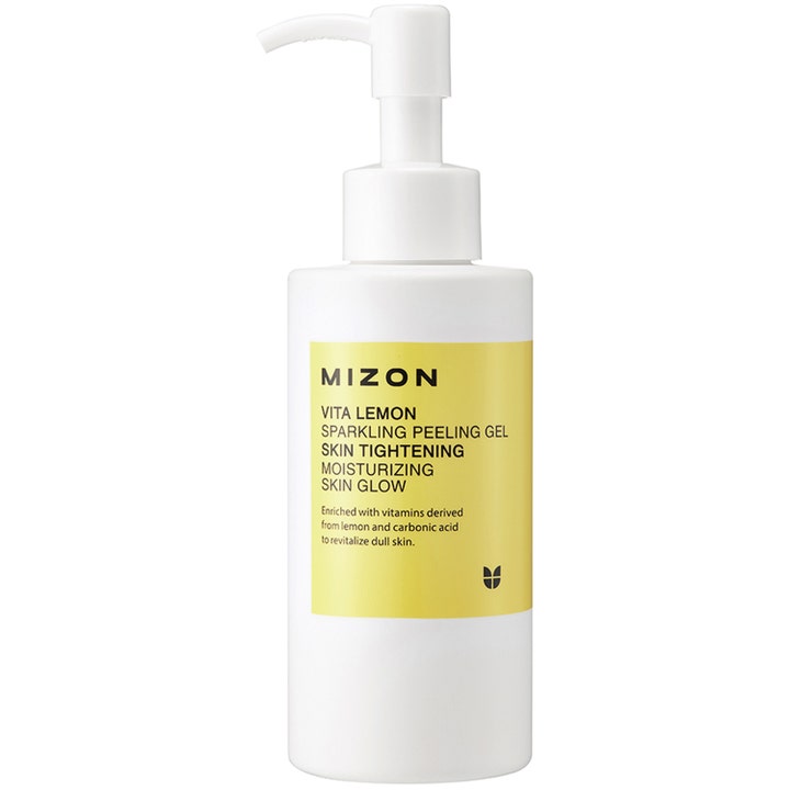 Mizon Vita Lemon Sparkling Peeling Gel 150ml eksfolierende gel som gir glød i hvit pumpeflaske med gul etikett.