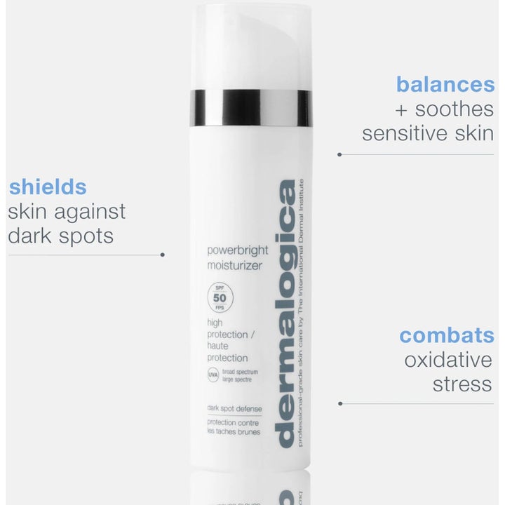 Dermalogica Powerbright Moisturizer SPF50 hvit pumpeflaske som motvirker mørke flekker og pleier sensitiv hud