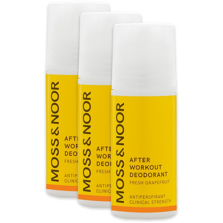 Moss & Noor After Workout Deodorant 3-pakning klinisk styrke antiperspirant i hvite flasker med gul etikett