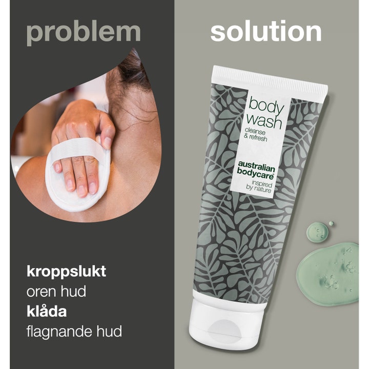 Australian Bodycare Body Wash 200 ml mot uren hud og kroppslukt i hvit tube med grått bladmønster og lysegrønn gele.