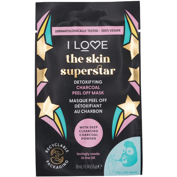 I LOVE the skin superstar 10 ml dyprensende peel off mask med kullpulver i svart pose dekorert med gullstjerner