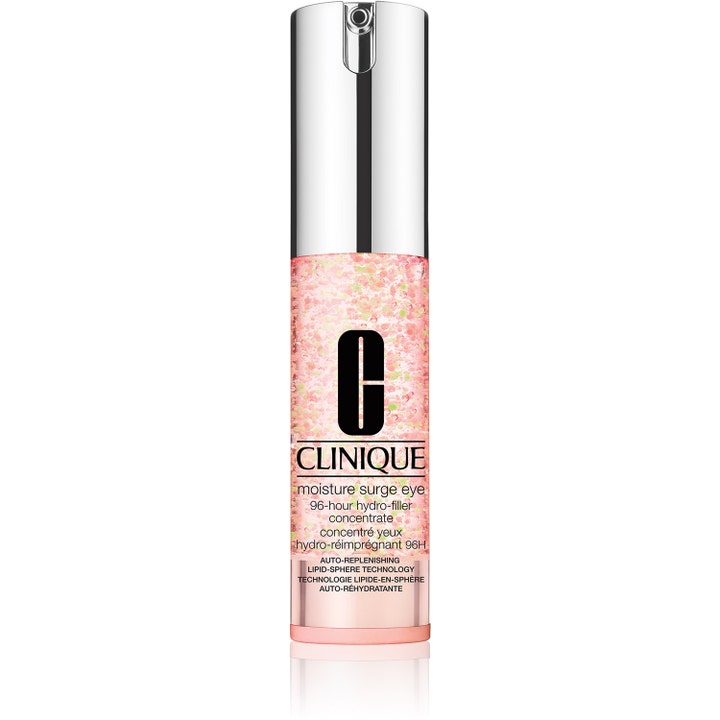 Clinique Moisture Surge Eye 96-hour hydro-filler fuktgivende øyekonsentrat i klar pumpeflaske med rosa gelé og små perler