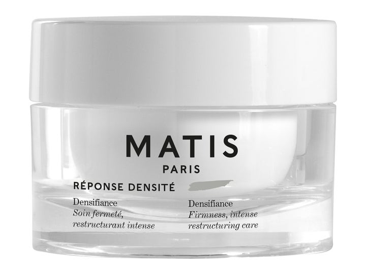 Matis Réponse Densité Densifiance 50 ml oppstrammende ansiktskrem i gjennomsiktig glasskrukke med hvitt lokk.