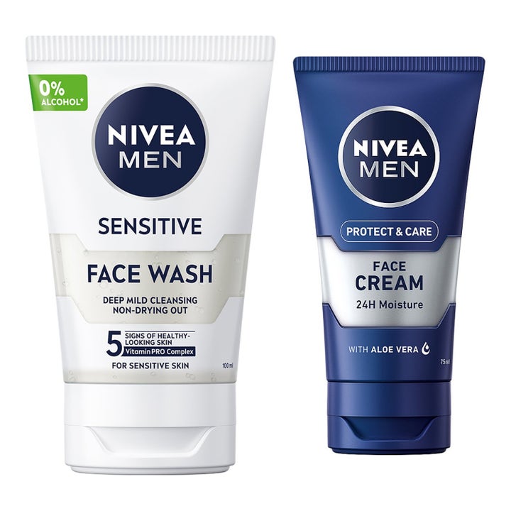 Nivea Men Sensitive Face Wash 100 ml og Face Cream 75 ml pleiende hudpleiesett i hvit og blå plasttube