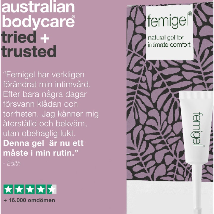 Australian Bodycare Femigel 25 ml beroligende intimpleie vist i hvit tube på lilla bakgrunn med kundeomtale.