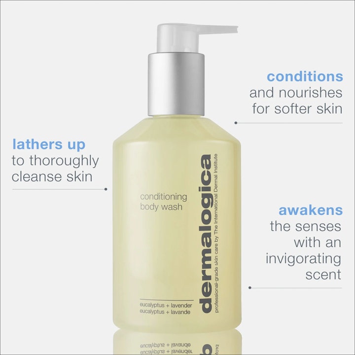 Dermalogica Conditioning Body Wash 295 ml pleiende dusjsåpe i pumpeflaske med tekst om eukalyptus og lavendel.