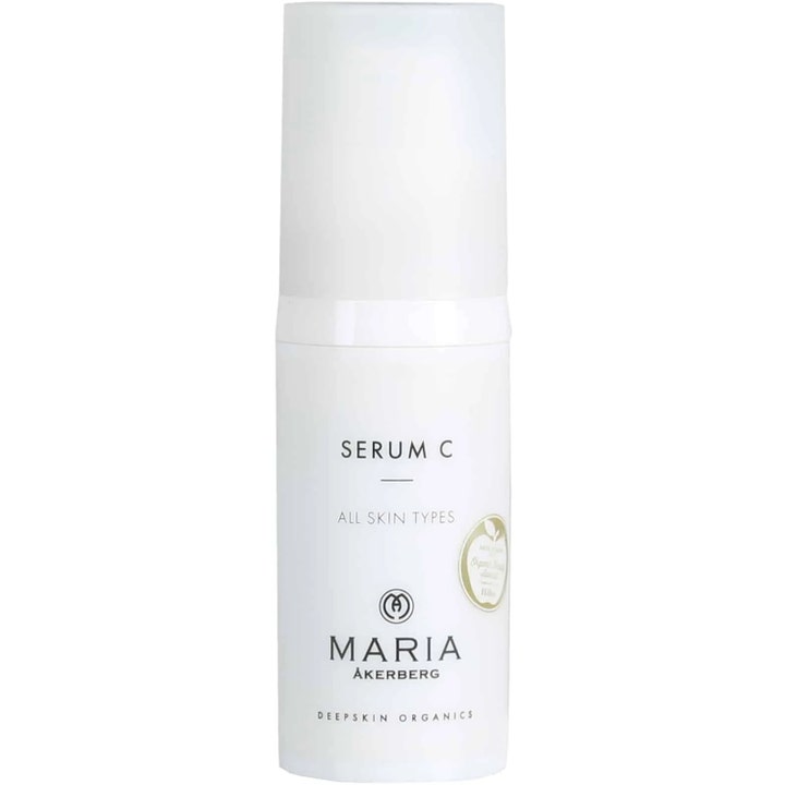 Maria Åkerberg Serum C glødgivende ansiktsserum i en hvit minimalistisk pumpeflaske med sort tekst og et lite gullsegl