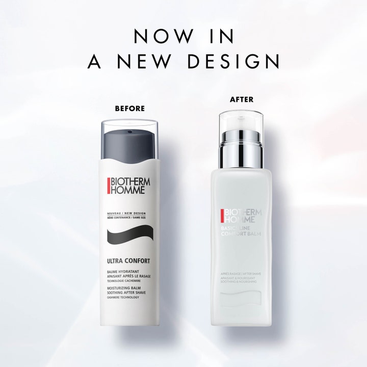 Biotherm Homme Ultra-Confort Balm 75 ml beroligende aftershave-balsam i nytt design med hvit flaske og sølvpumpe.