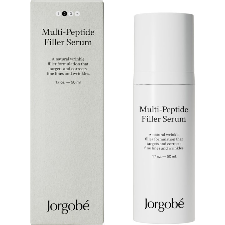 Jorgobé Multi-Peptide Filler Serum 50 ml mot fine linjer og rynker i hvit sylindrisk flaske og eske.