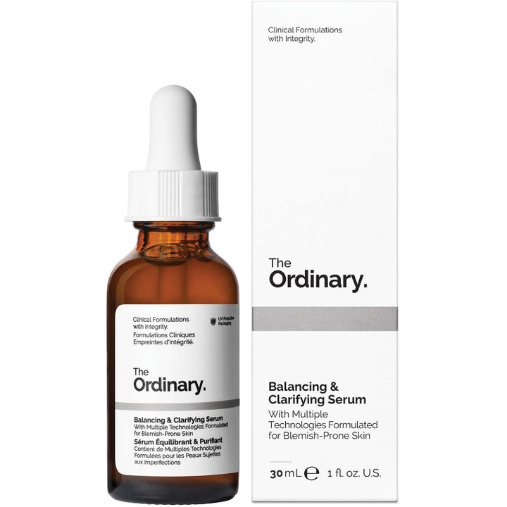 The Ordinary Balancing & Clarifying Serum 30 ml balanserer huden i en brun glassflaske med hvit pipette og eske.