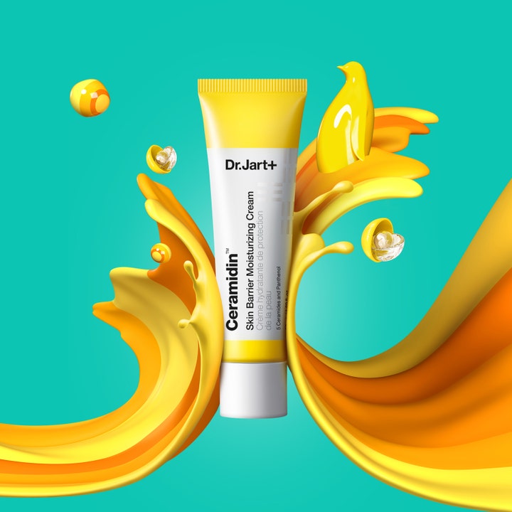 Dr.Jart+ Ceramidin Skin Barrier Moisturizing Cream 50 ml fuktighetskrem omgitt av gule bølger og en gul pingvinfigur