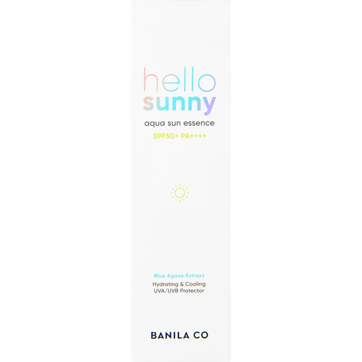 Banila Co Hello Sunny Aqua Sun Essence 50 ml fuktighetsgivende solkrem i hvit eske med SPF 50 og blå agave.