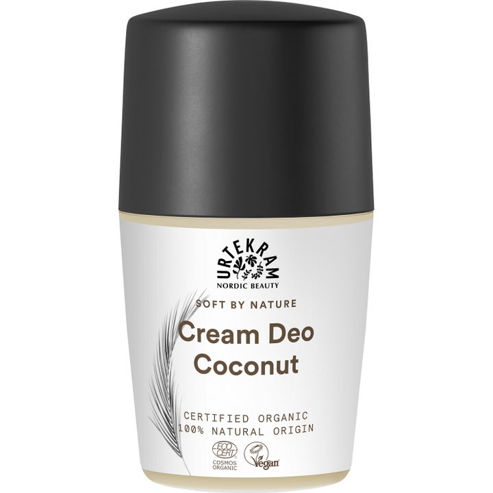 Urtekram Cream Deo Coconut økologisk deodorant som gir naturlig friskhet i hvit beholder med matt sort lokk og fjærmotiv
