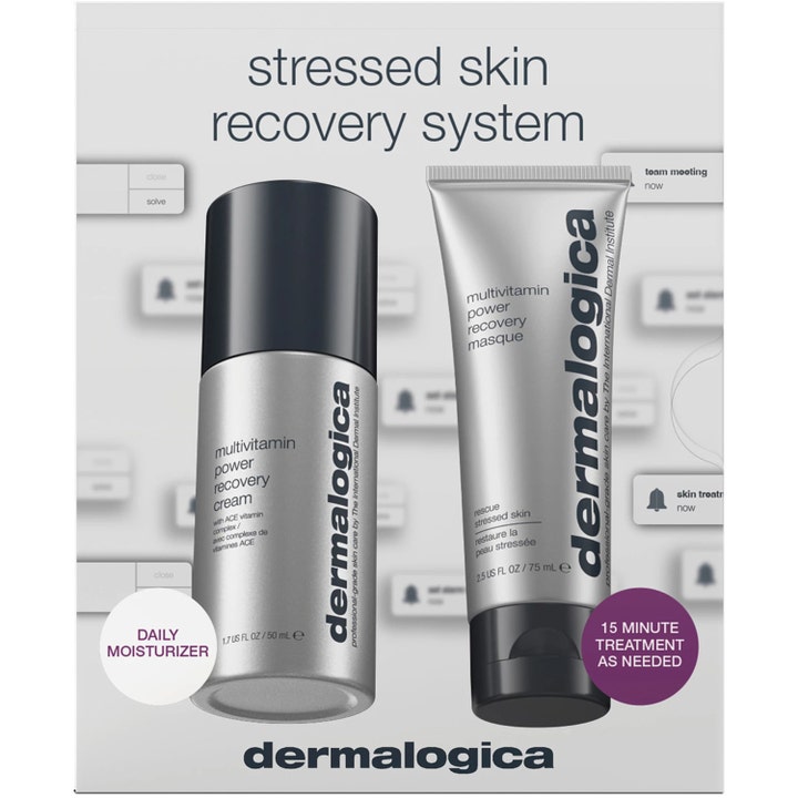 Dermalogica Stressed Skin Recovery System 50 og 75 ml reparerende hudpleiesett i sølvfarget pumpeflaske og tube.