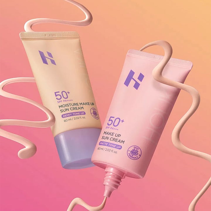 Holika Holika Make Up Sun Cream 60 ml fuktighetsgivende solkrem for ansiktet i beige og rosa tuber med kremet tekstur