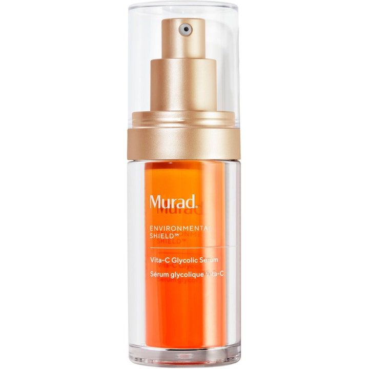 Murad Vita-C Glycolic Serum 30 ml eksfolierende serum for strålende hud i klar flaske med oransje indre og gullpumpe.