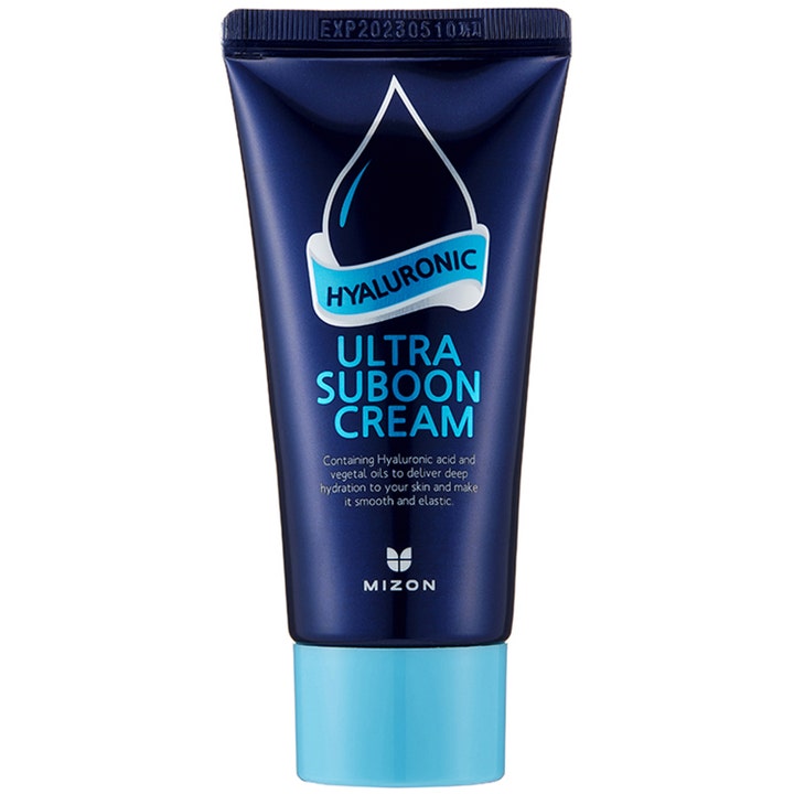 Mizon Hyaluronic Ultra Suboon Cream 45 ml fuktighetsgivende ansiktskrem i en mørkeblå tube med lyseblått lokk