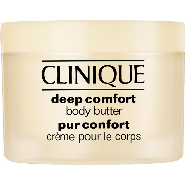 Clinique Deep Comfort Body Butter 200 ml fuktighetsgivende kroppskrem i en lys beige krukke med minimalistisk svart tekst