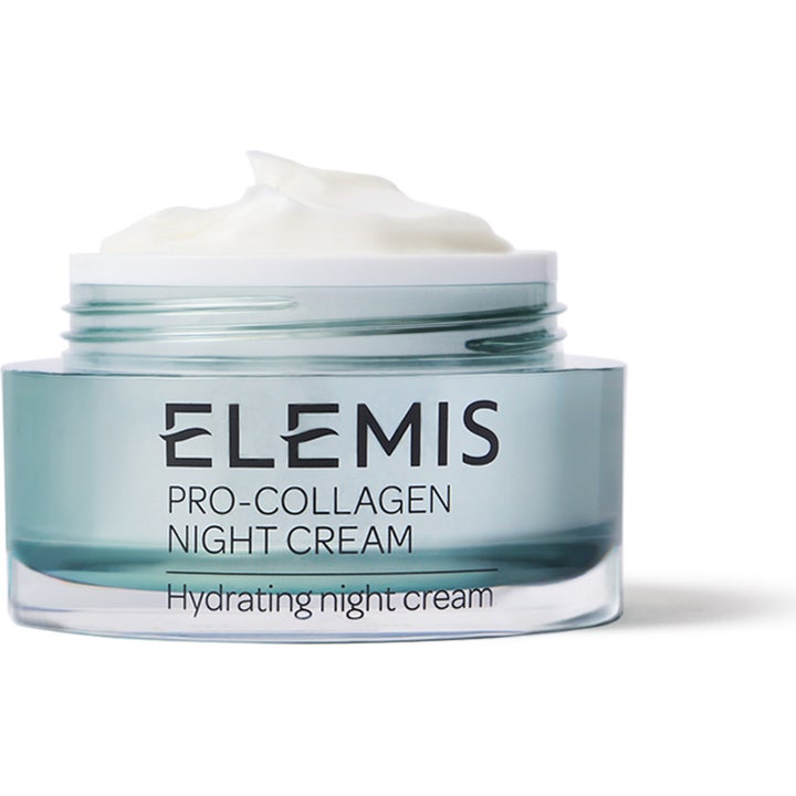 Elemis Pro-Collagen Night Cream 50 ml fuktighetsgivende nattkrem i en blå glasskrukke med hvit kremet tekstur