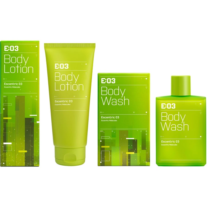 Escentric Molecules Escentric 03 Body Lotion 200 ml og kroppsvask i limegrønne tuber og flasker med esker.