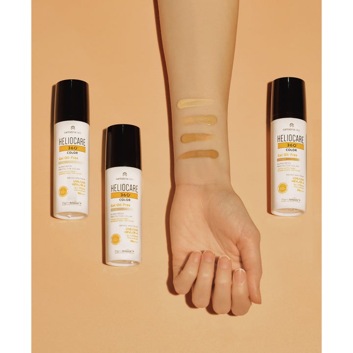 Heliocare 360 Color Gel Oil-Free SPF 50+ 50 ml solkrem med fargeprøver i ulike nyanser på en arm