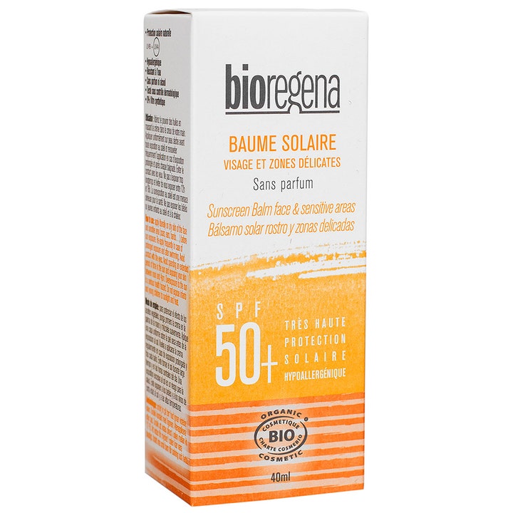 Bioregena Sunscreen Balm Face 40 ml økologisk solkrem i hvit og oransje eske med SPF 50+