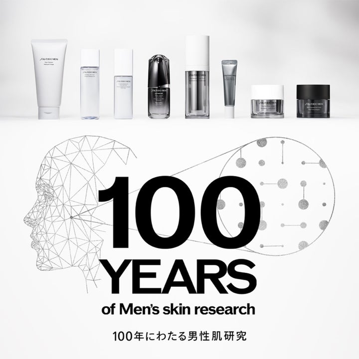 Shiseido Men Intensiv Fuktighet 125 ml med niacinamid vist med hudpleieserie og tekst om 100 års forskning på herrehud.