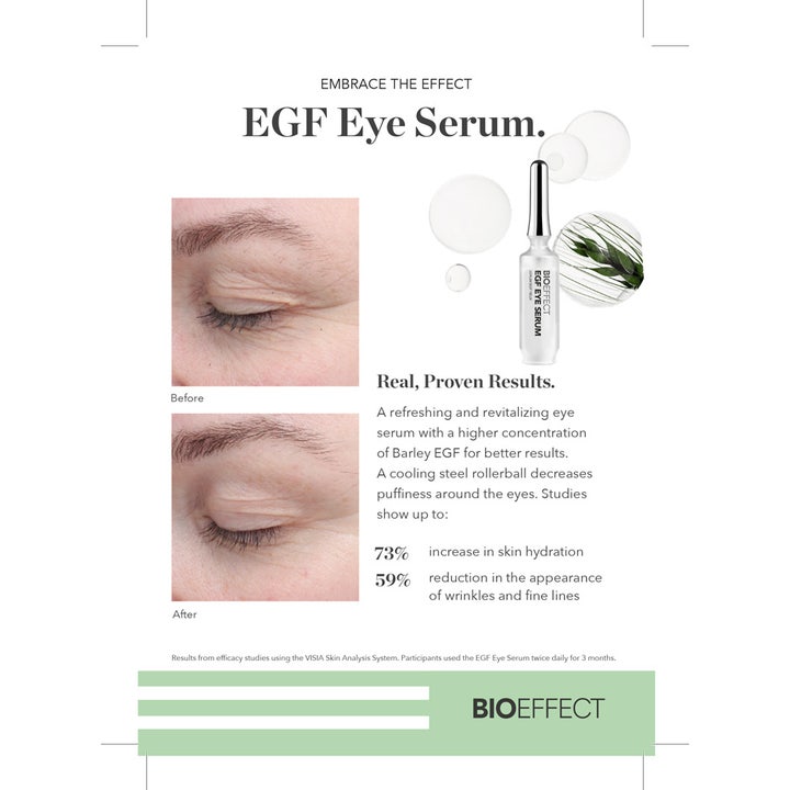 Bioeffect EGF Eye Serum 6 ml fuktighetsgivende øyeserum vist med før og etter resultat på rynker