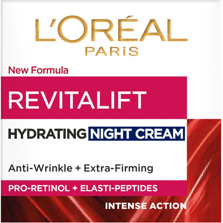 L'Oréal Paris Revitalift 50 ml nattkrem med pro-retinol i hvit og rød eske som gir fastere hud.