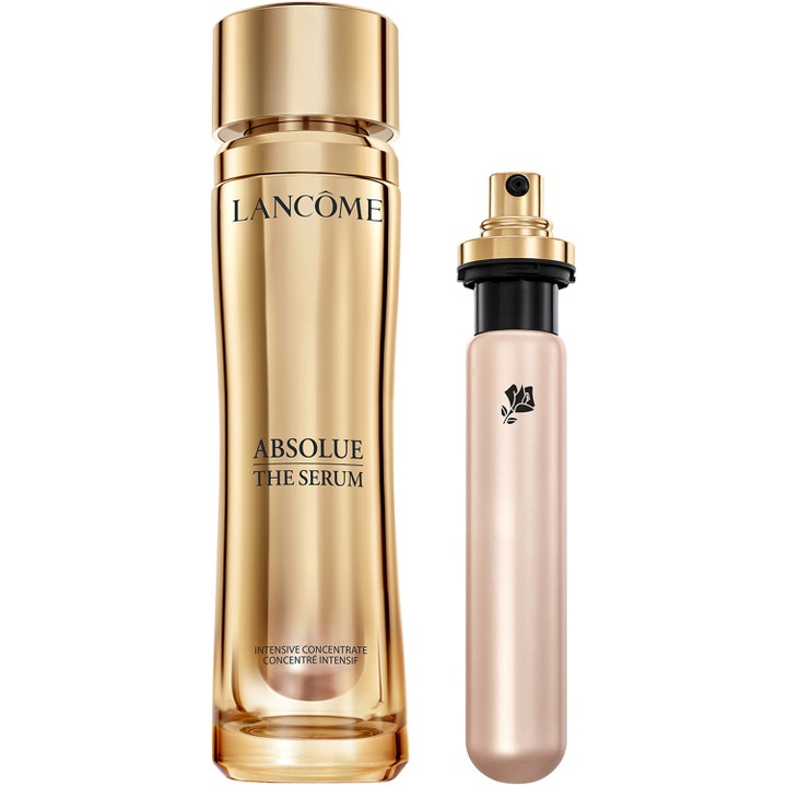 Lancôme Absolue The Serum ansiktsserum som gir glød i luksuriøs gullflaske med champagnefarget refillpatron.