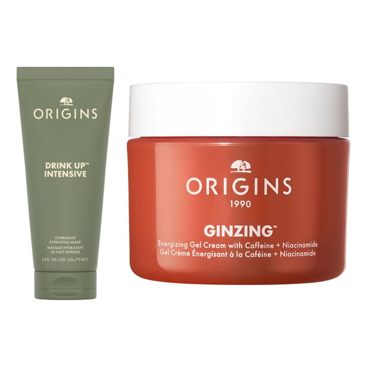Origins Drink Up Intensive 75ml og GinZing fuktighetsgivende hudpleie i grønn tube og stor oransje krukke.