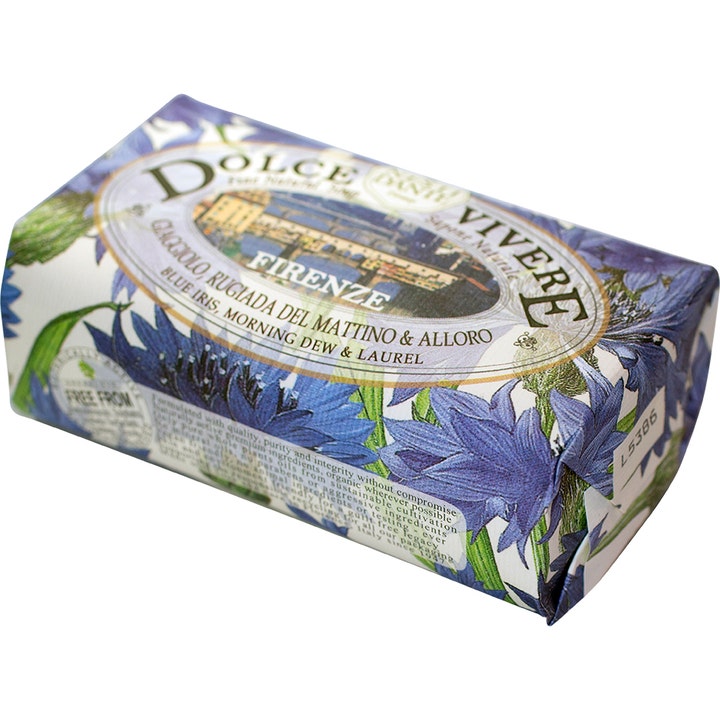 Nesti Dante Dolce Vivere Firenze 250g rensende fast såpe i papirinnpakning dekorert med blå iris